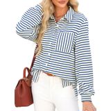 Camisa Elegante Listrada Com Botões Com Decote Em V E Manga Comprida Feminina