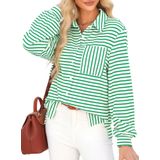 Camisa Feminina Elegante De 2025 Com Botões, Listrada, Grande, Decote Em V, Manga Comprida, Blusa Verde Preta, Gg