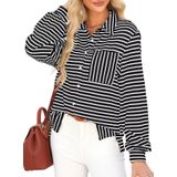 Camisa Feminina Elegante De 2025 Com Botões, Listrada, Grande, Decote Em V, Manga Comprida, Blusa Elegante, Preta, Gg