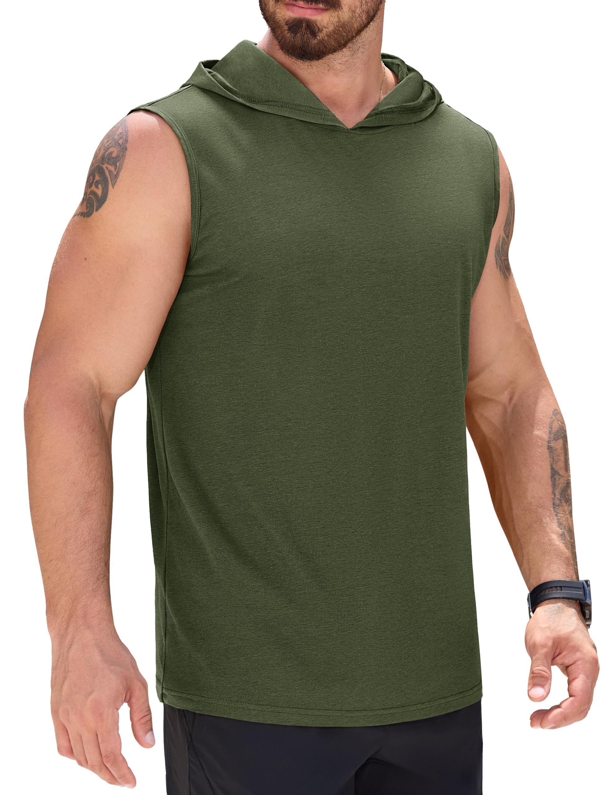 Camiseta Regata Masculina Com Capuz Upf 50+ Sem Mangas Verde Militar L
