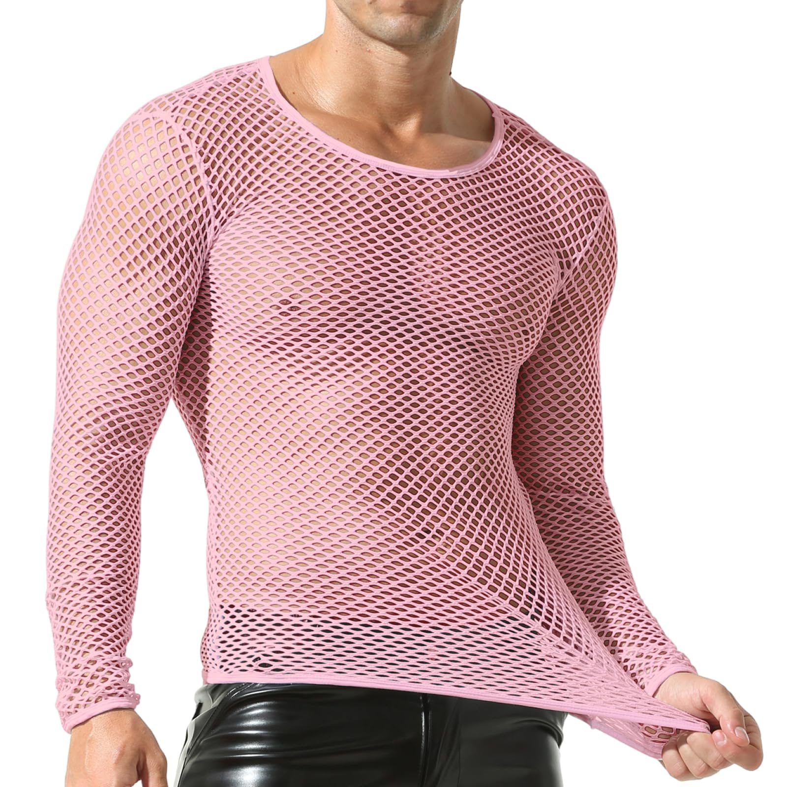 Camisa Fishnet Masculina Qiati De Malha Transparente De Manga Comprida