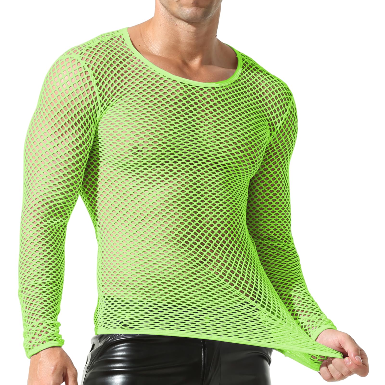 Camisa Fishnet Masculina Qiati De Malha Transparente De Manga Comprida