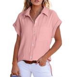 Camisa Feminina Elegante, Casual, Manga Curta, Decote Em V, Linho Rosa