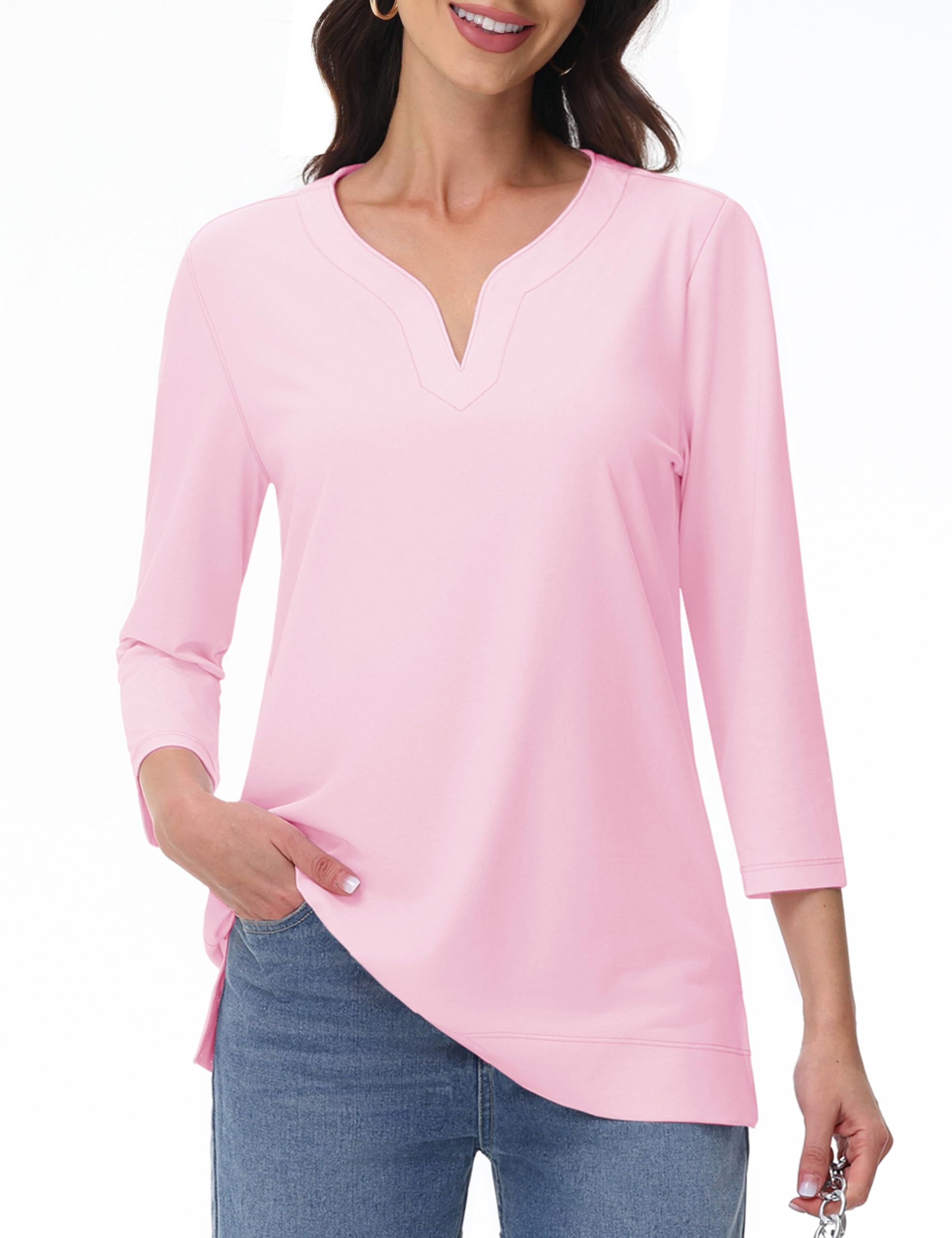 Túnica Yucolen Feminina Com Decote Em V, Manga 3/4, Rosa Claro, 2gg