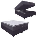 Cama Box Baú Casal Queen Colchão Molas Ensacadas Pillow Top Maximus 158x198x69cm Cinza / Preto Gazin