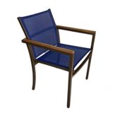 Poltrona Cadeira De Jantar Amélia Tela Sling E Alumínio Com Braço Detalhe Madeira Azul