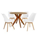 Conjunto Mesa De Jantar Redonda Marci 100cm Natural Com 4 Cadeiras Leda Branco