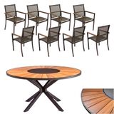Conjunto De Mesa Jantar 1,80m Zurick Madeira Pétalas 8 Poltronas Amélia Tela Sling E Alumínio Marrom