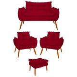 Kit 02 Poltronas + Sofá 2 Lugares Com Puff Opala Balaqui Vermelho