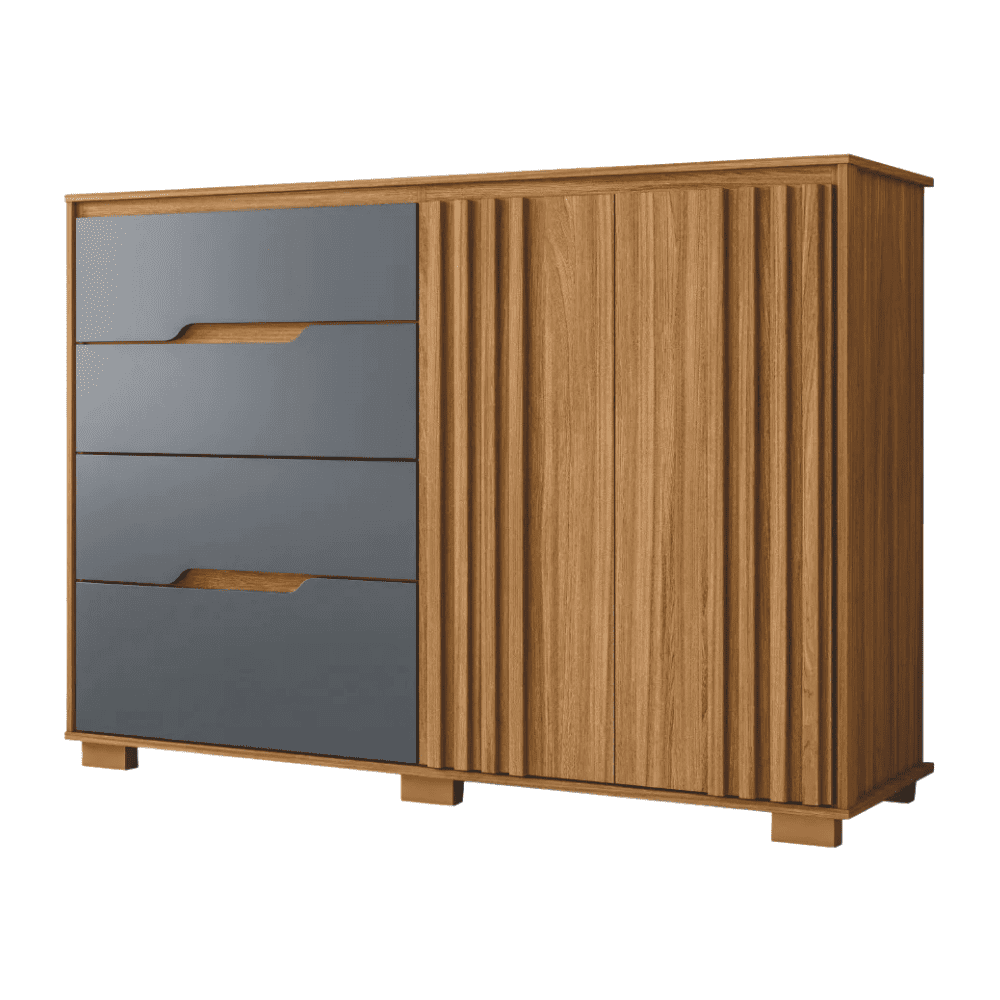 Cômoda 4 Gavetas 2 Portas Com Ripado Texas Freijó/Cinza Moval