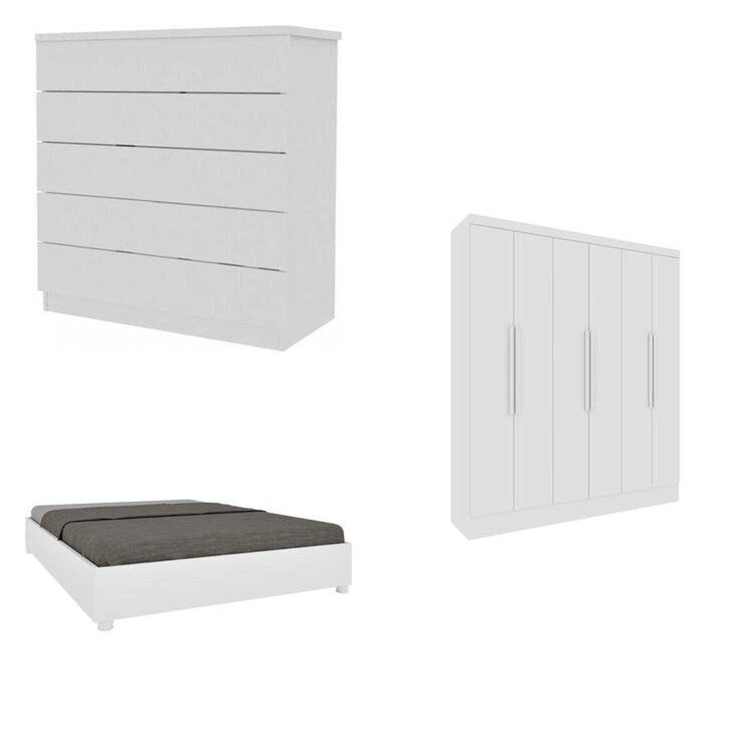 Quarto Casal Completo Guarda Roupa 6 Portas Munique, Cama Casal Monaco E Cômoda Premium Espresso Móv Neve