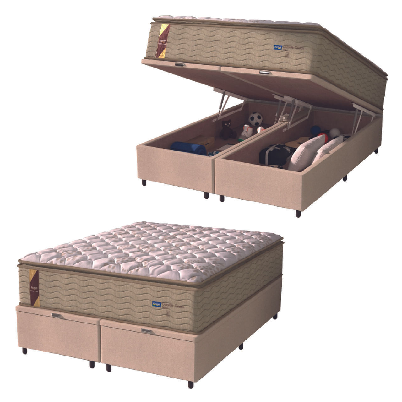 Cama Box Baú Colchão Casal Queen Probel Molas Guarda-Costas Max Pillow Top 158x198x81cm Bege/Branco - Suporta até 180kg por pessoa