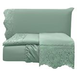 Jogo Cama Lençol Casa Scarpa Detail Casal Padrão Bordado Guipir Bordado Inglês Percal 300 Fios 4 Peças - Verde Menta