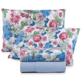 Jogo Cama Lençol Casa Scarpa Sonnet Casal Padrão Malha Estampada Algodão 4 Peças - Floral - Azul Claro