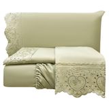 Jogo Cama Lençol Casa Scarpa Detail Casal Padrão Bordado Guipir Bordado Inglês Percal 300 Fios 4 Peças - Cáqui