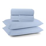 Jogo De Cama Lençol Sereno Queen Em Malha Algodão 4 Peças Azul Claro 100% Algodão