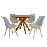 Conjunto Mesa De Jantar Redonda Marci Premium 100cm Natural Com 4 Cadeiras Leda - Cinza