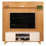 Painel Tv 75 Ripado 250cm E Bancada Chest D04 Off-cedro - Mpozenato