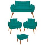 Kit 2 Poltronas + Namoradeira + Puff Opala Decorativa Balaqui Azul Turquesa