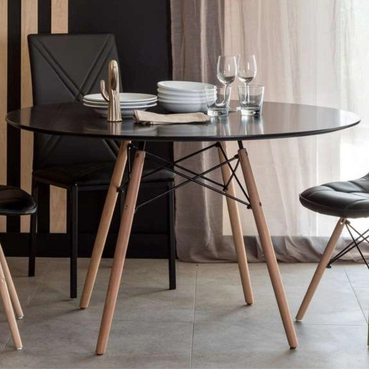 Mesa Eames Eiffel Jantar 100cm Redonda Madeira Mdf Tx Preto