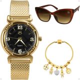 Relógio Feminino Aço Inox Banhado + Óculos Sol + Pulseira