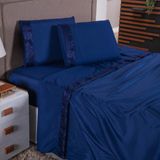 Jogo De Lençol Zurique Casal 4 Peças Micro Percal 400 Fios Friso Decorativo - Azul Marinho
