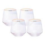 Jogo 4 Copos De Whisky Baixo Drinks Vidro Lines Fio De Ouro Borda Dourada 330ml Wolff