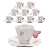 Jogo 10 Xicaras De Chá Porcelana Com Pires Borboletas 200ml Wolff
