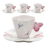 Jogo 4 Xicaras De Chá Porcelana Com Pires Borboletas 200ml Wolff