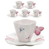 Jogo 6 Xicaras De Chá Porcelana Com Pires Borboletas 200ml Wolff