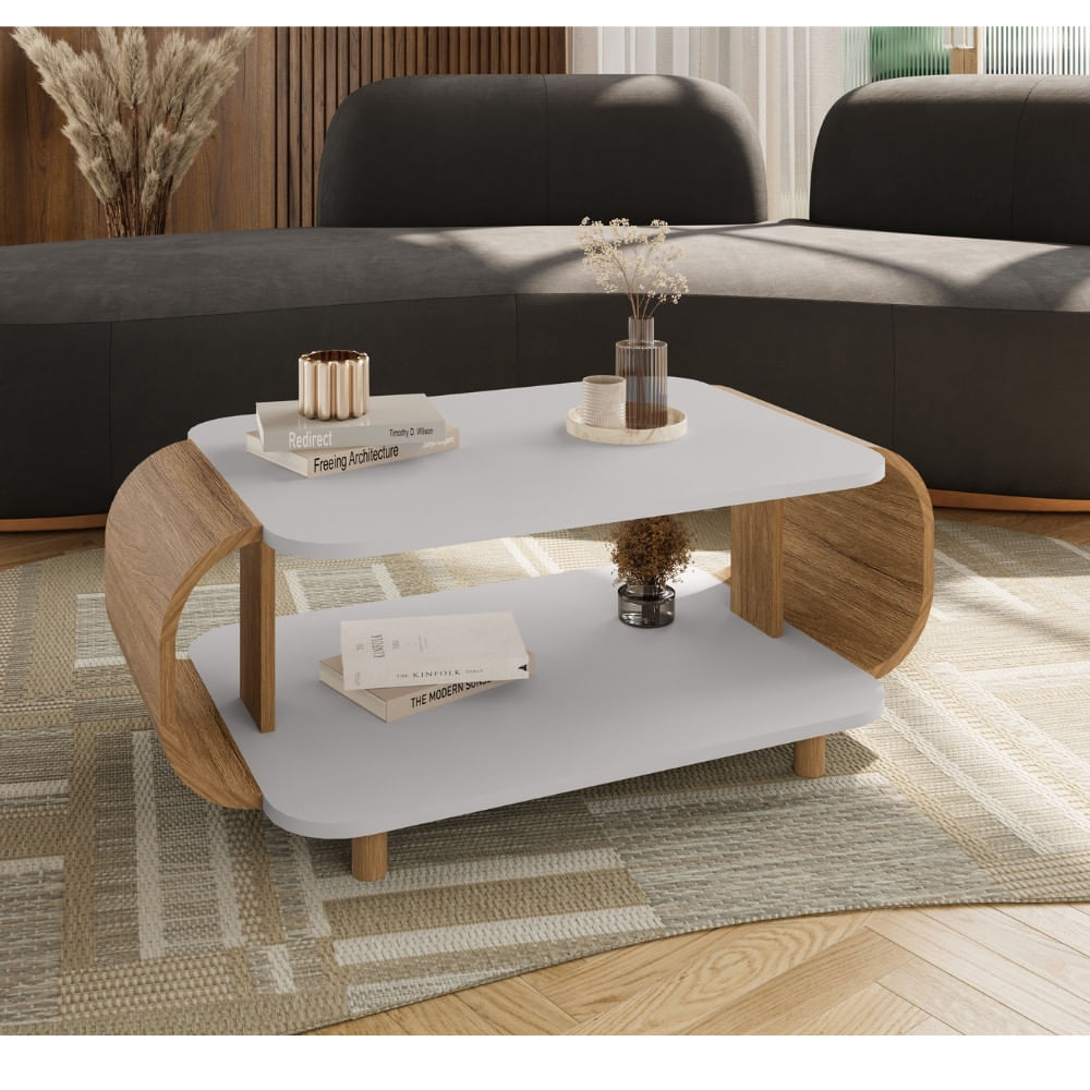 Mesa De Centro Oval Com Pés De Madeira Maciça Floripa Bechara