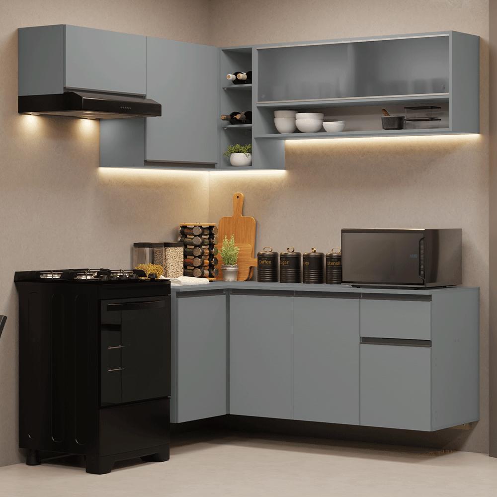 Armário De Cozinha Completa De Canto Suspenso 325cm Cinza Nice Madesa 01