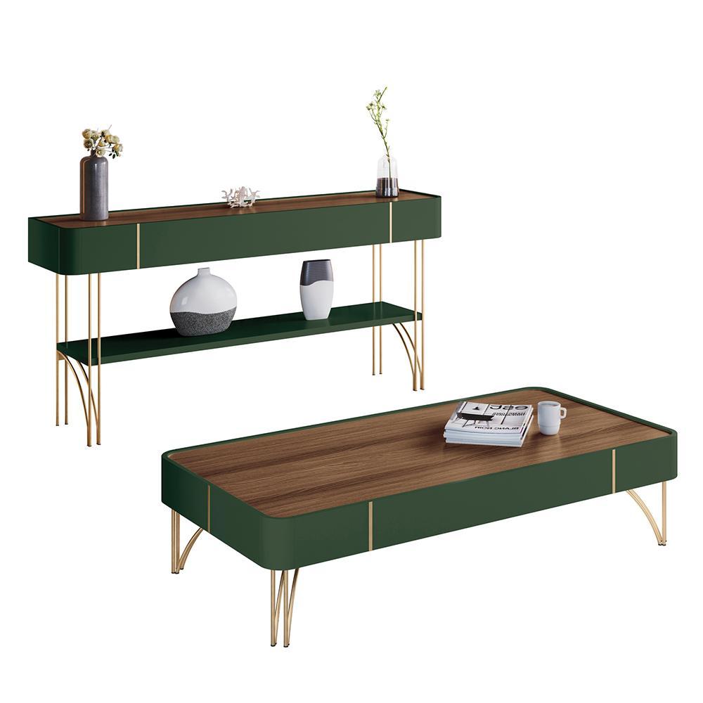 Aparador Vivant E Mesa De Centro Cadenza Verde Pistache/castanho - Hb Móveis