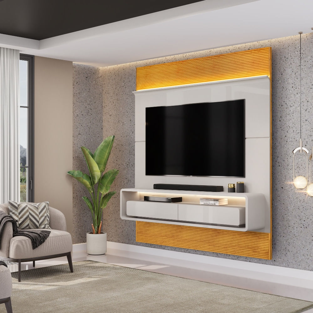 Painel Ripado Para Tv Até 70 Polegadas Com Led 2 Gavetas Em Mdf Taylor Dj Móveis