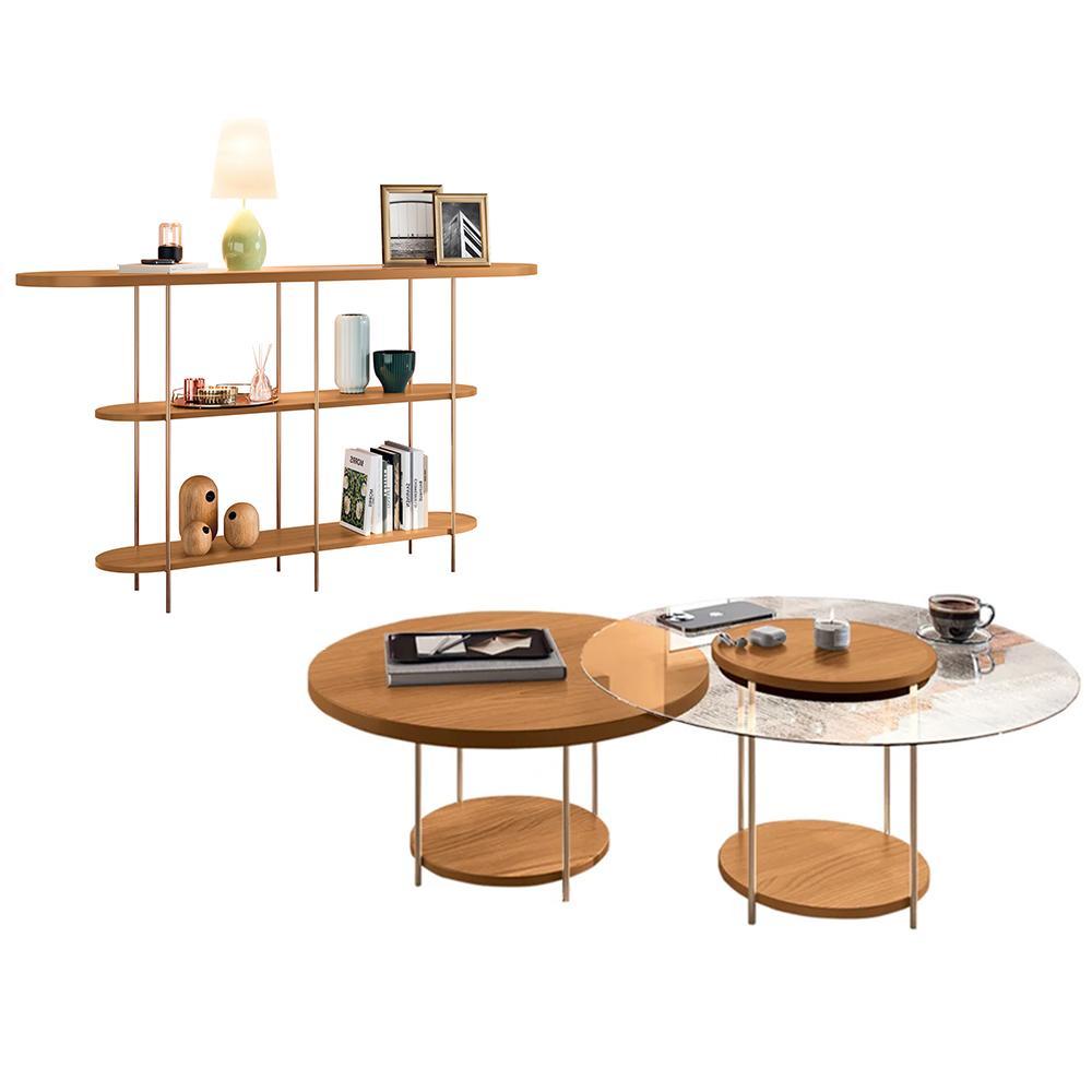 Aparador Infinity E Mesas De Centro Sky Com Tampo De Vidro E Em Mdf Cinamomo - Hb Móveis