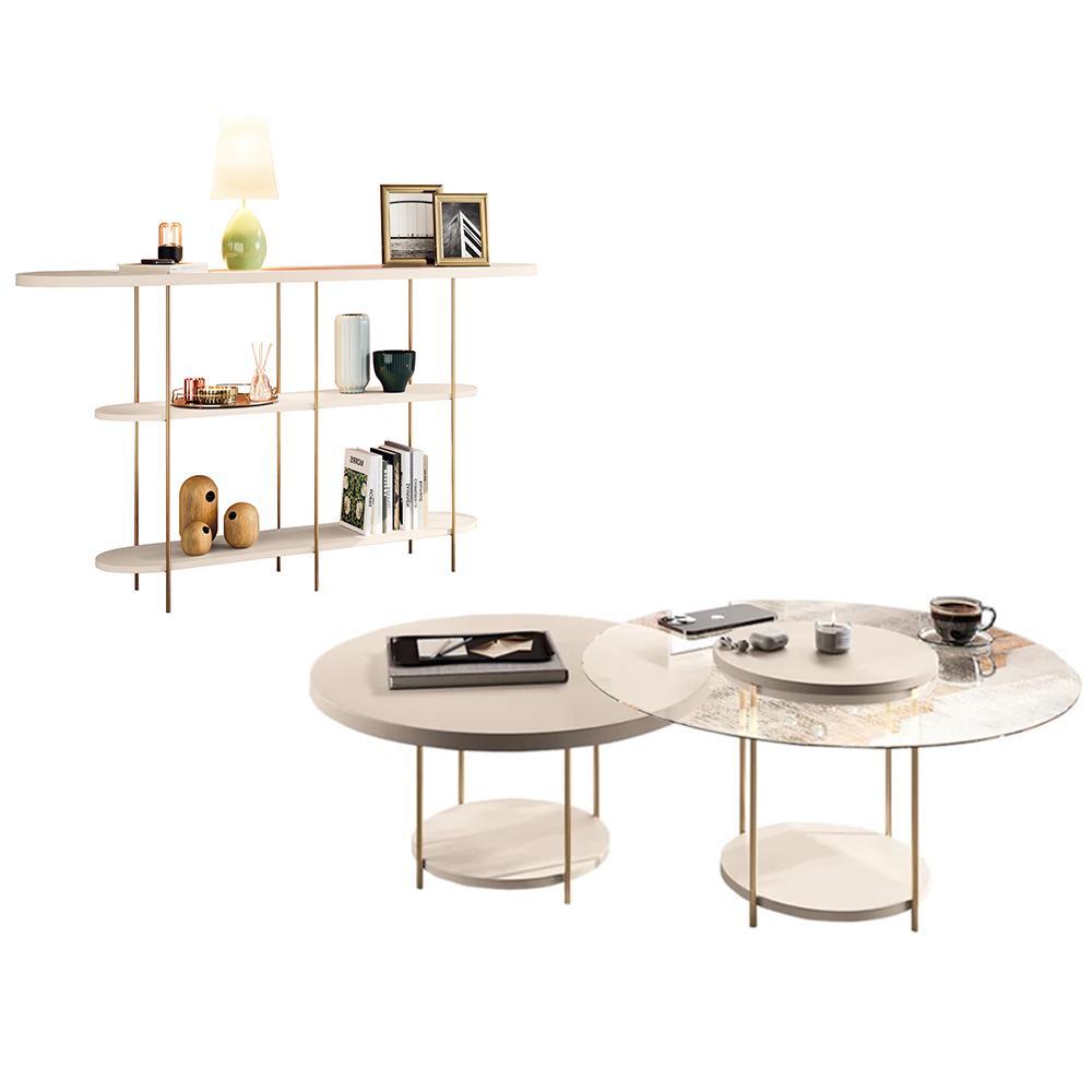 Aparador Infinity E Mesas De Centro Sky Com Tampo De Vidro E Em Mdf Off White - Hb Móveis