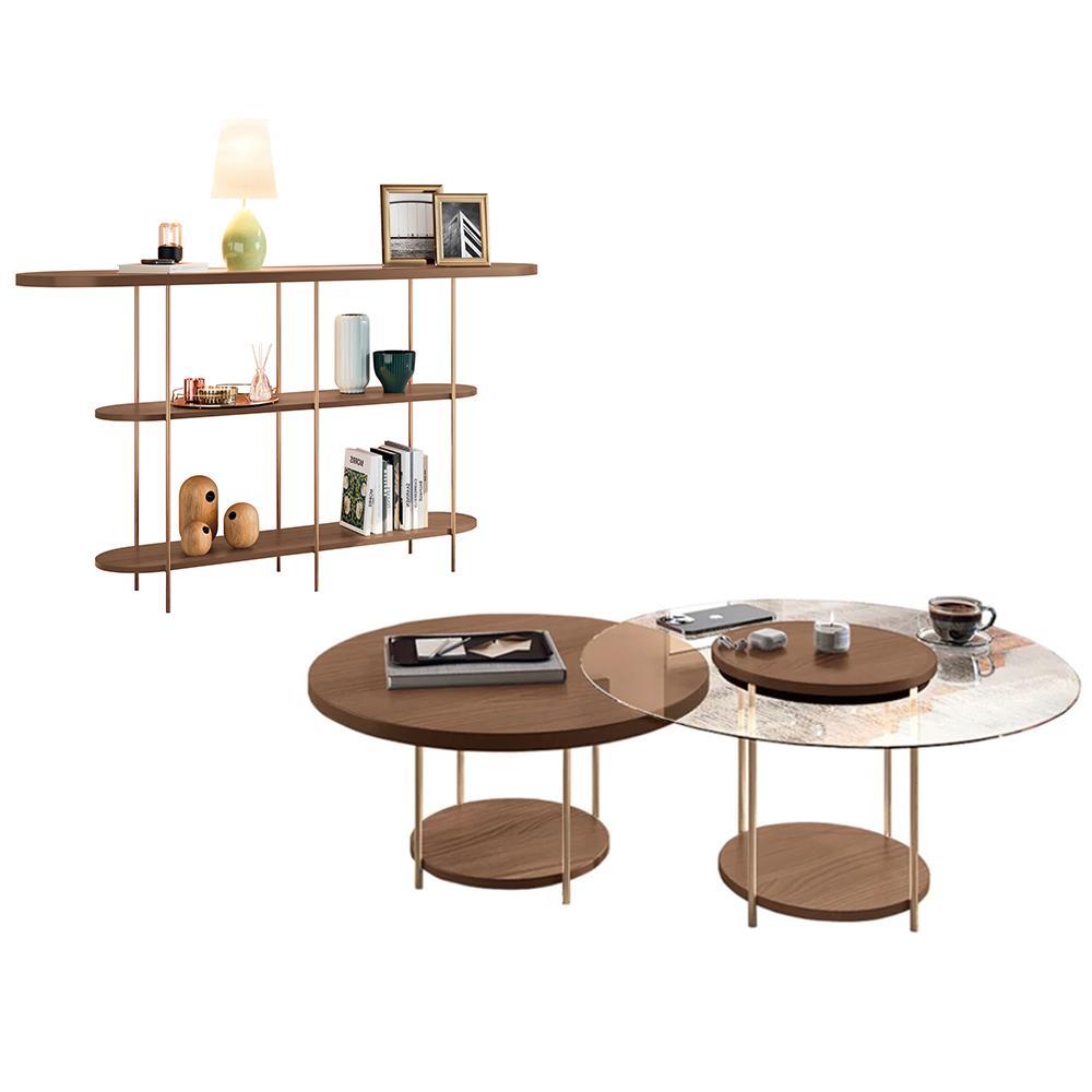 Aparador Infinity E Mesas De Centro Sky Com Tampo De Vidro E Em Mdf Castanho - Hb Móveis