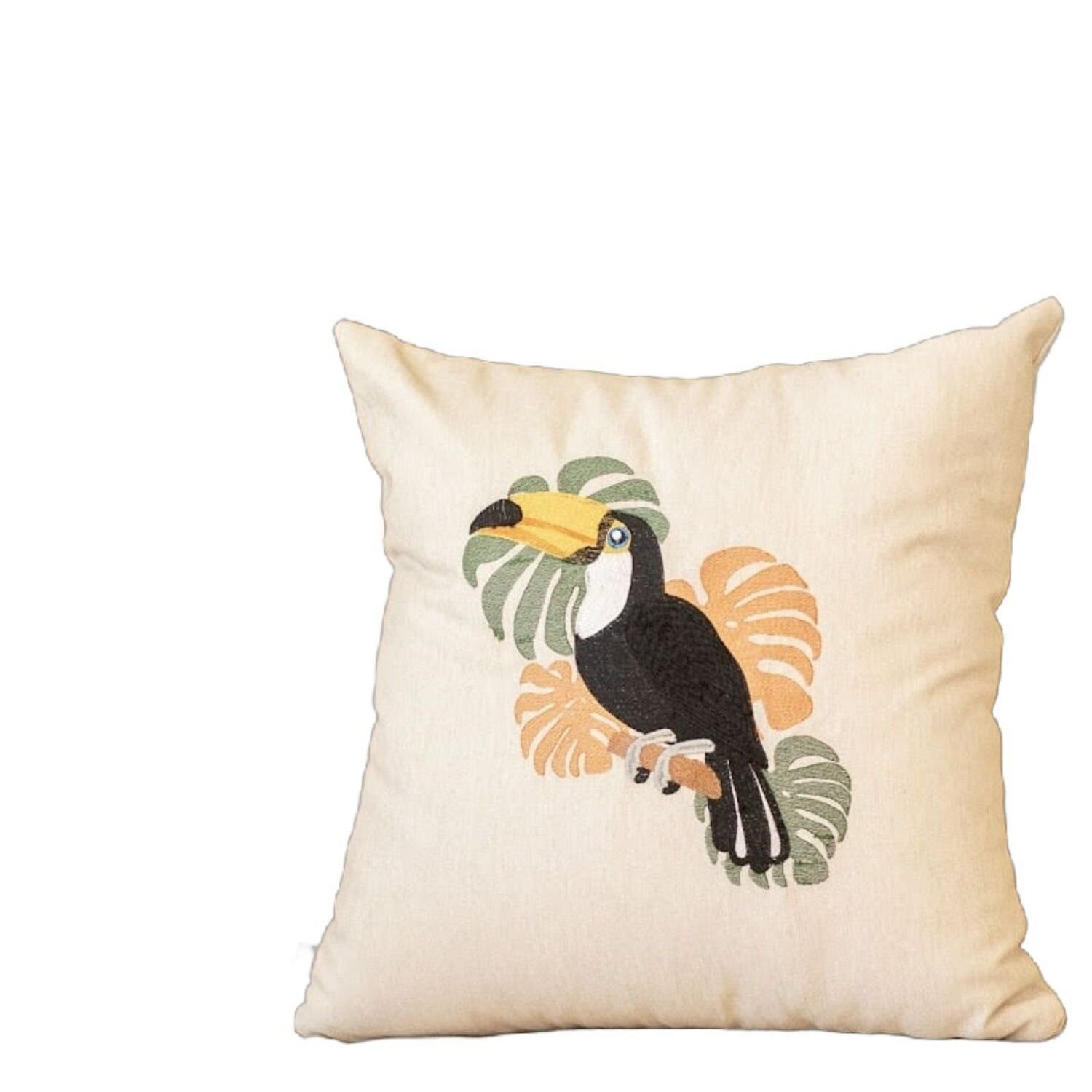 Almofada Linho Bordada Tucano 45x45cm Com Enchimento Bege