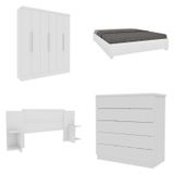 Quarto Casal Completo Guarda-roupa 6 Portas Munique Cama Mônaco Com Cabeceira Cômoda Premium Espress Neve