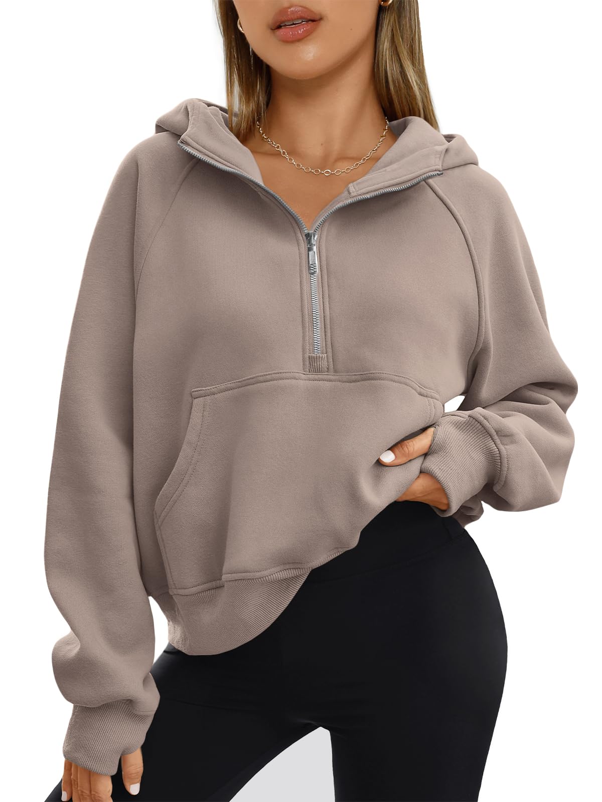 Moletom Automet Com Capuz De Lã Com Meio Zíper Para Mulheres Coffeegrey S