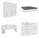 Quarto Casal Completo Guarda-roupa 6 Portas Londres Cama Mônaco Com Cabeceira Cômoda Istambul Espres Neve
