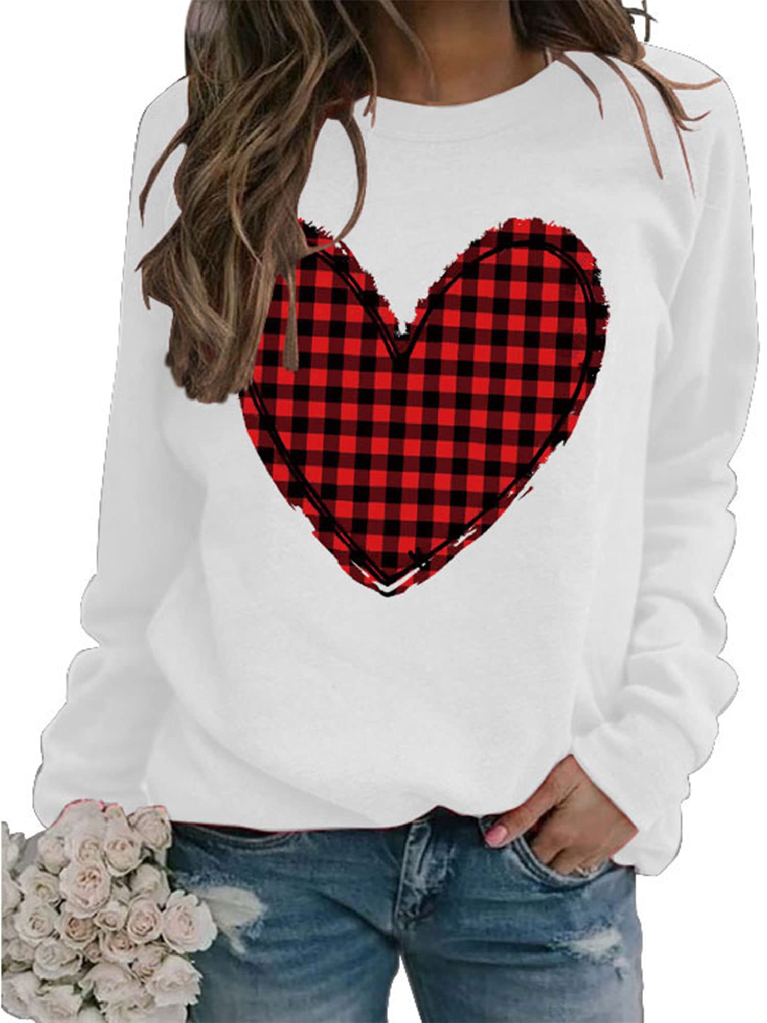 Moletom Xiwukod Valentines Com Gola Redonda, Xadrez Love Heart, Feminino