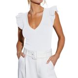 Camisa Feminina Bonitee, De Verão, Manga Com Babados, Decote Em V, Branca