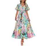 Vestido Midi Zesica 2025 Floral De Verão Com Decote Em V Com Cinto - Verde
