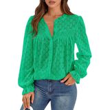Blusa Feminina De Manga Comprida Com Ilhós Prettygarden, Elegante, Casual, Oca, Com Botões, De Renda (verde Brilhante, Grande)