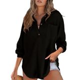 Camisa Feminina Elegante Henley, Manga Comprida, Decote Em V, Preta