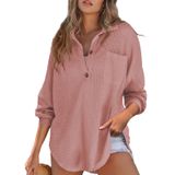 Camisa Feminina Elegante Henley, Manga Comprida, Decote Em V, Waffle, Rosa Empoeirado