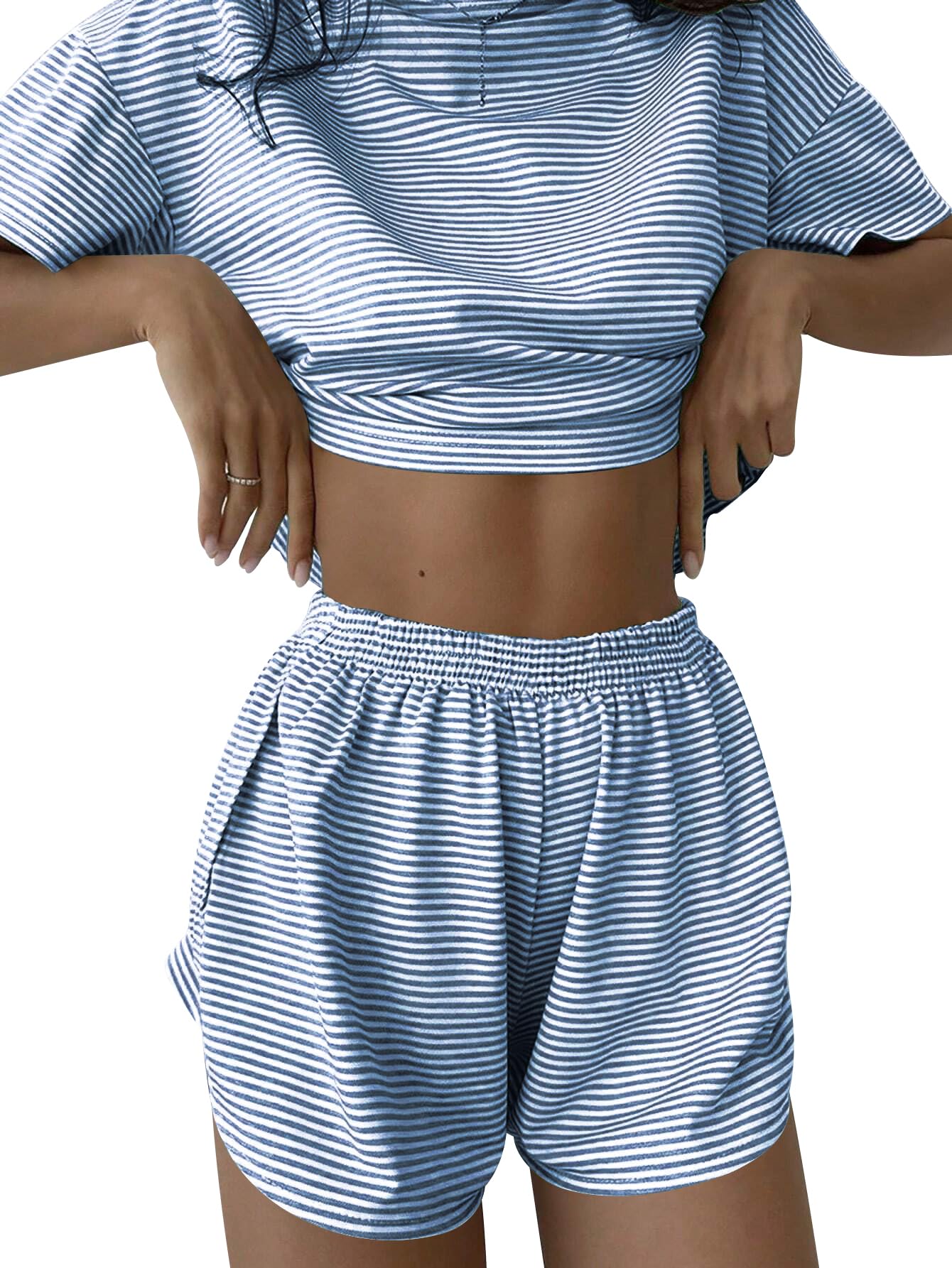 Conjunto De Pijama, Shorts Listrados Femininos Kistore, Azul E Branco De Verão