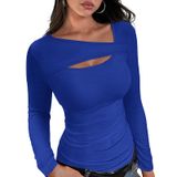 Camisa Feminina Xieerduo De Manga Comprida Em Tecido Canelado Azul Royal