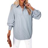 Camisa Feminina Elegante, Manga Comprida, Decote Em V, Listrado, Cinza